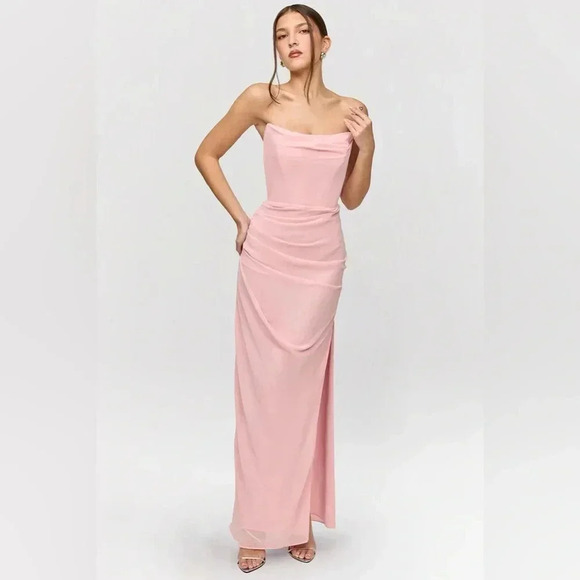 House of CB Adrienne Pink Quartz Georgette Strapless Gown Maxi - Picture 4 of 7